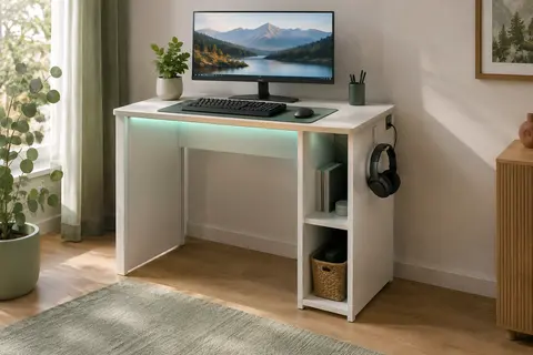 Bureau compact blanc avec éclairage RGB, prises intégrées, étagère latérale et crochet pour casque
