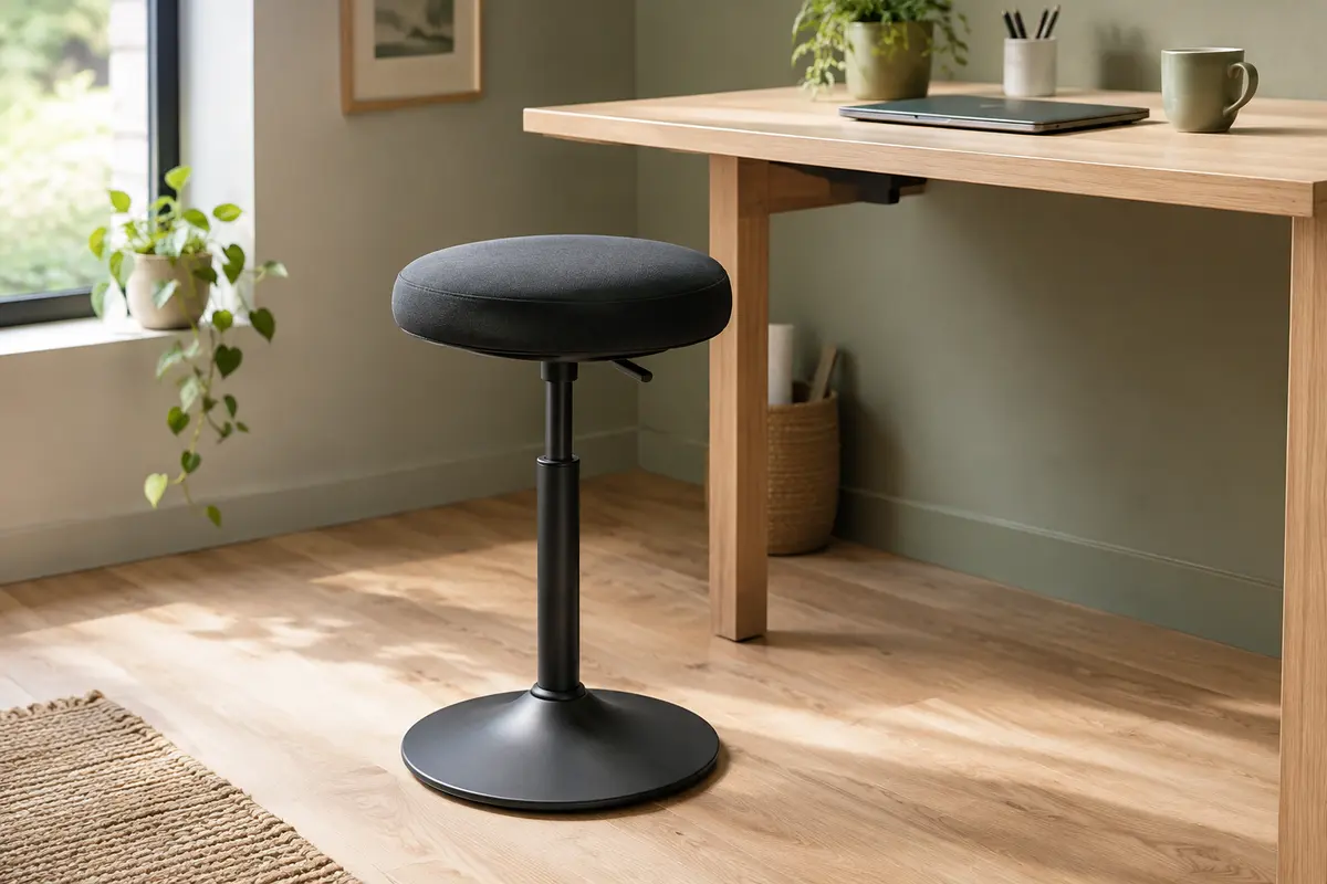 Tabouret assis-debout noir à assise ronde pivotante, placé près d’un bureau haut en bois clair