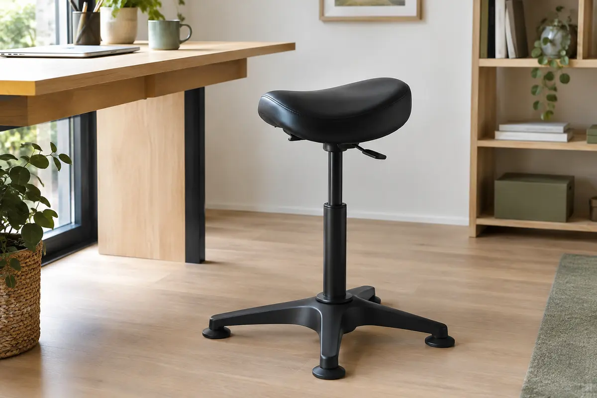 Tabouret de bureau noir à assise en selle réglable, placé près d’un bureau haut en bois clair.