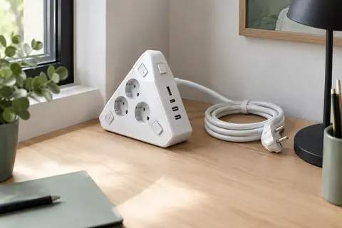 Multiprise d’angle blanche avec prises secteur et ports USB posée dans le coin d’un bureau