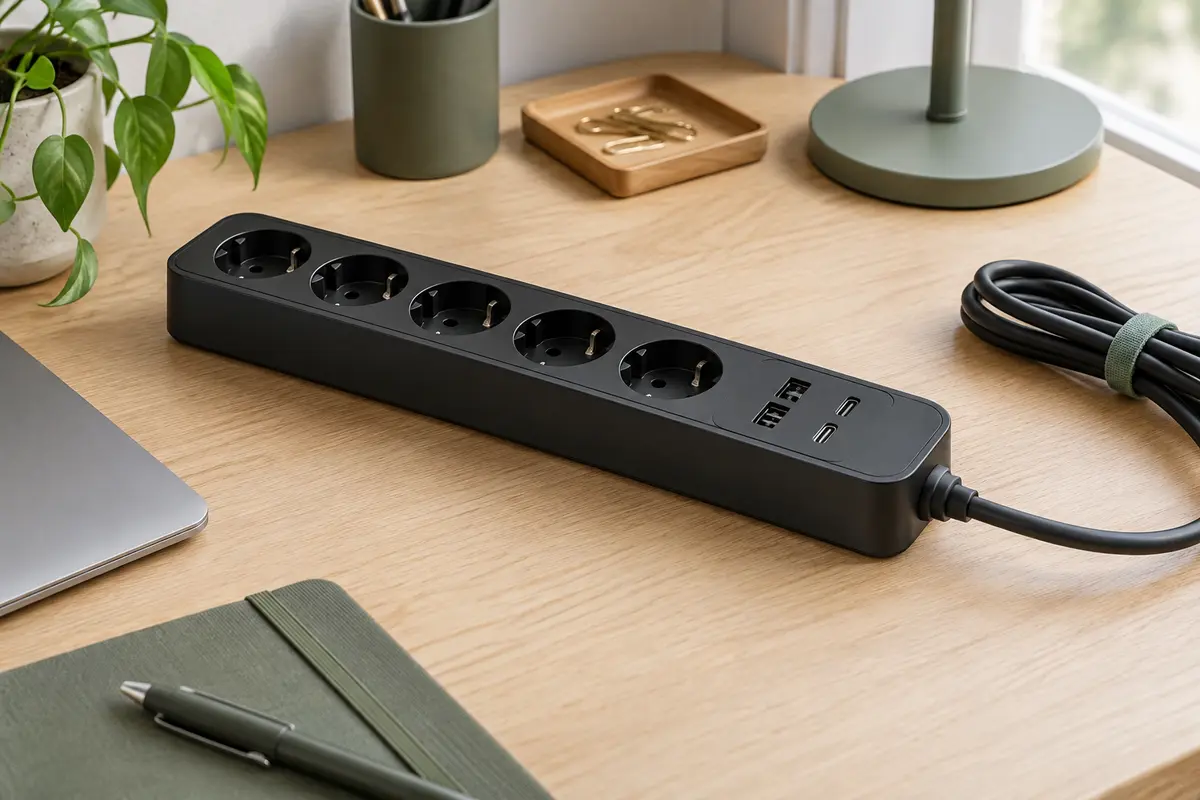 Multiprise noire à cinq prises et quatre ports USB posée près d’un bureau en bois clair