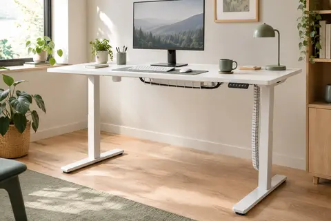 Bureau assis-debout blanc à plateau large, aménagé dans un espace de télétravail lumineux
