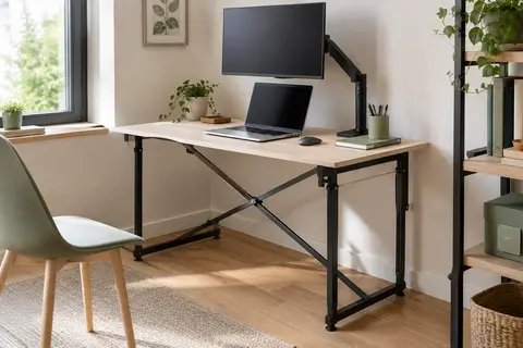Bureau pliant beige avec support d’écran réglable installé dans un coin de télétravail