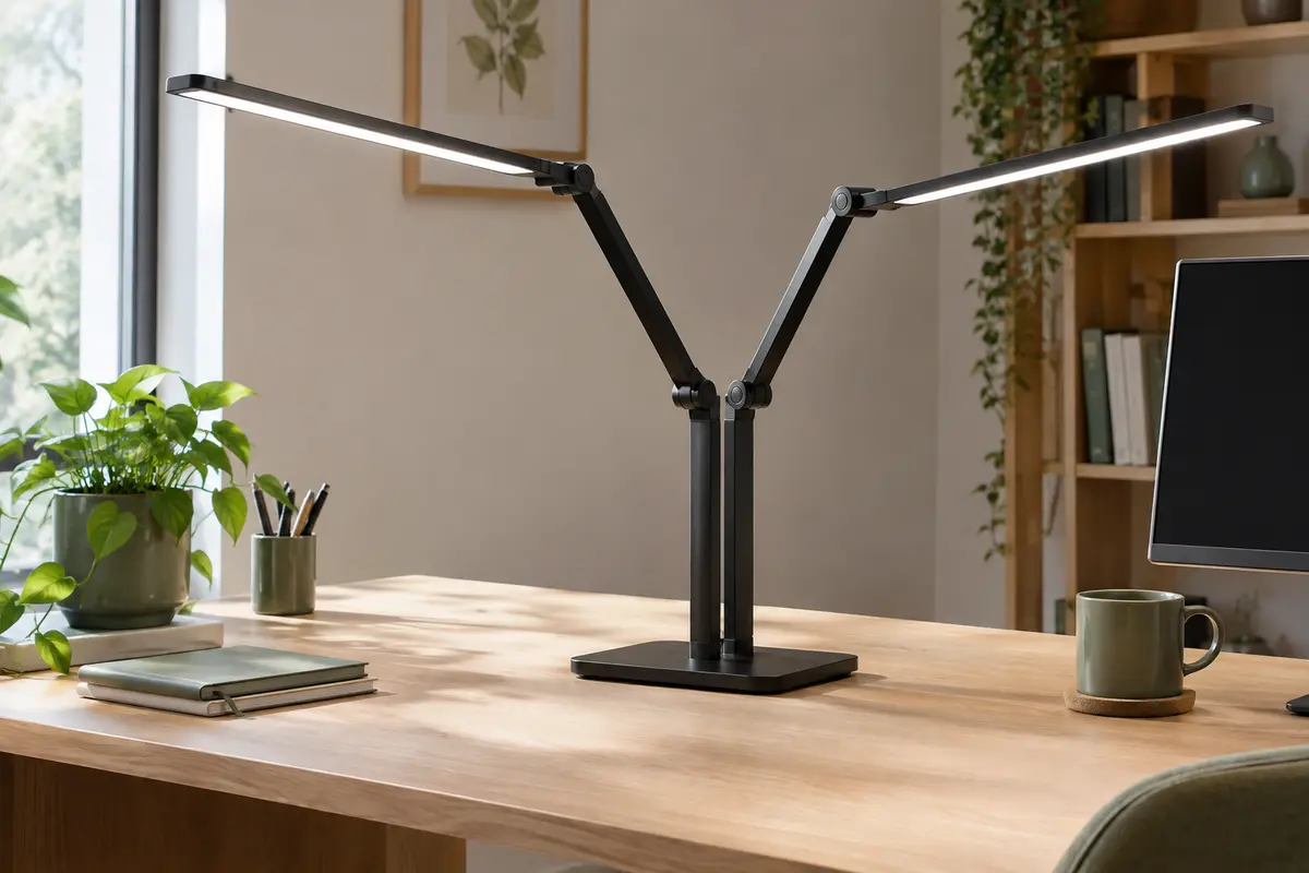 Lampe de bureau LED noire à double tête déployée sur un bureau en bois clair.