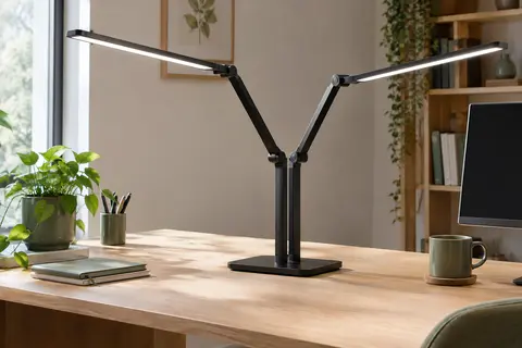 Lampe de bureau LED noire à double tête déployée sur un bureau en bois clair.