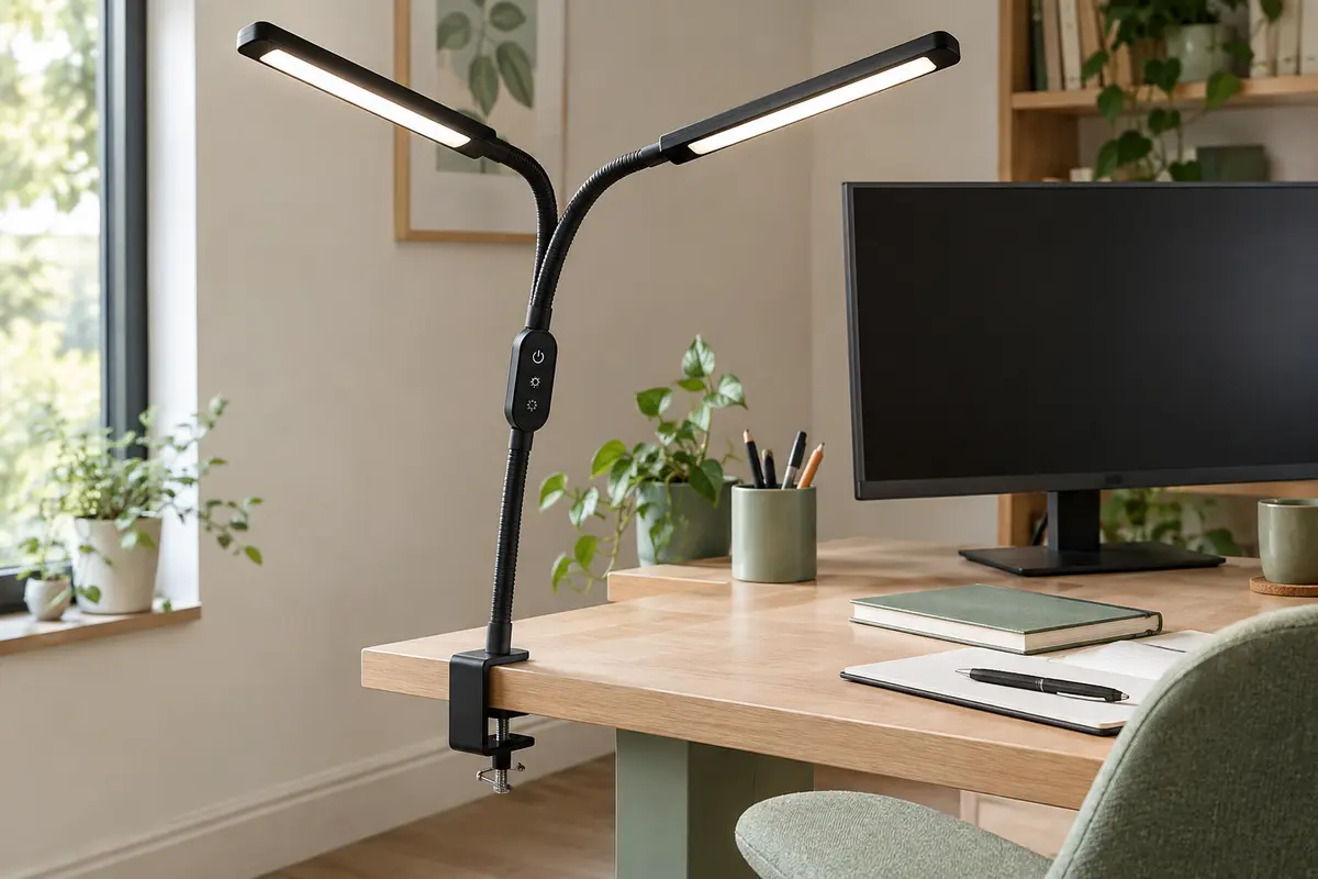 Lampe de bureau LED noire à double tête fixée par pince au bord d’un bureau en bois clair