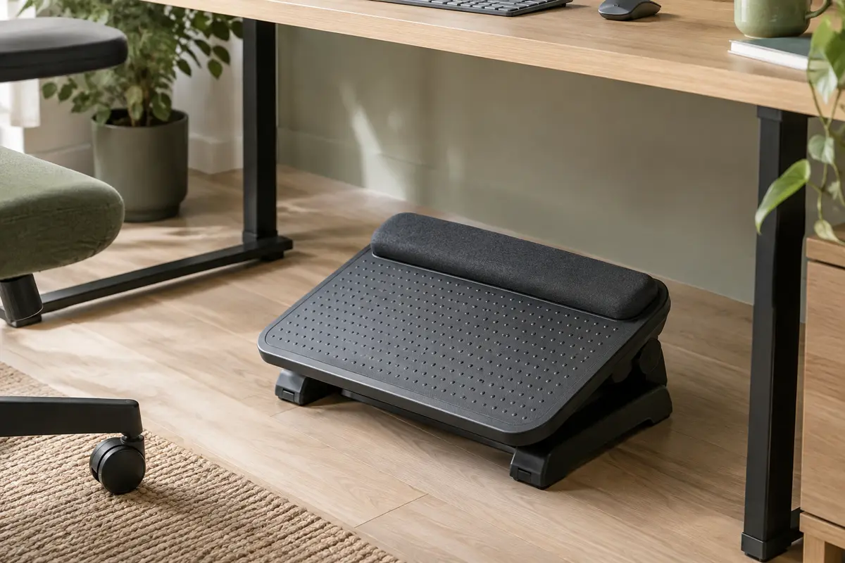 Repose-pieds de bureau noir à surface texturée et appui en mousse, installé sous un bureau en bois clair