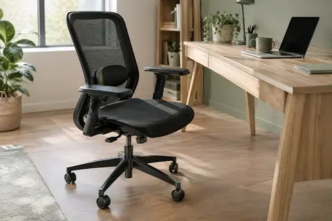 Fauteuil de bureau noir en mesh avec accoudoirs relevables et base à roulettes près d’un bureau en bois clair.