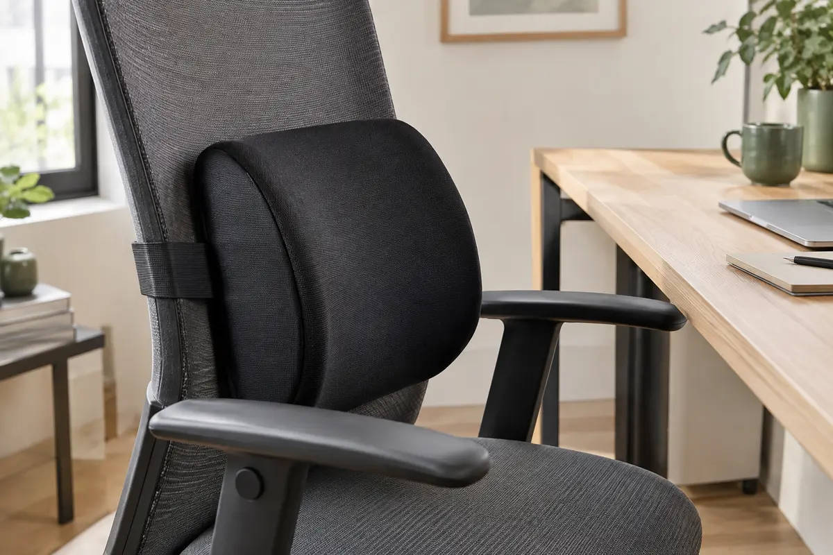 Coussin lombaire noir fixé au dossier d’une chaise de bureau dans un espace de télétravail