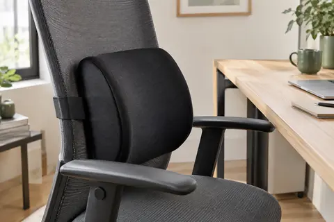 Coussin lombaire noir fixé au dossier d’une chaise de bureau dans un espace de télétravail