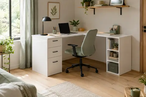 Bureau d’angle blanc Komto avec tiroirs, étagère intégrée et configuration pivotante pour le télétravail