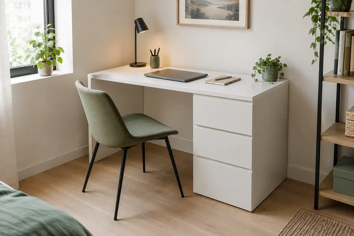 Bureau blanc compact à trois tiroirs installé dans un coin de télétravail lumineux et épuré.
