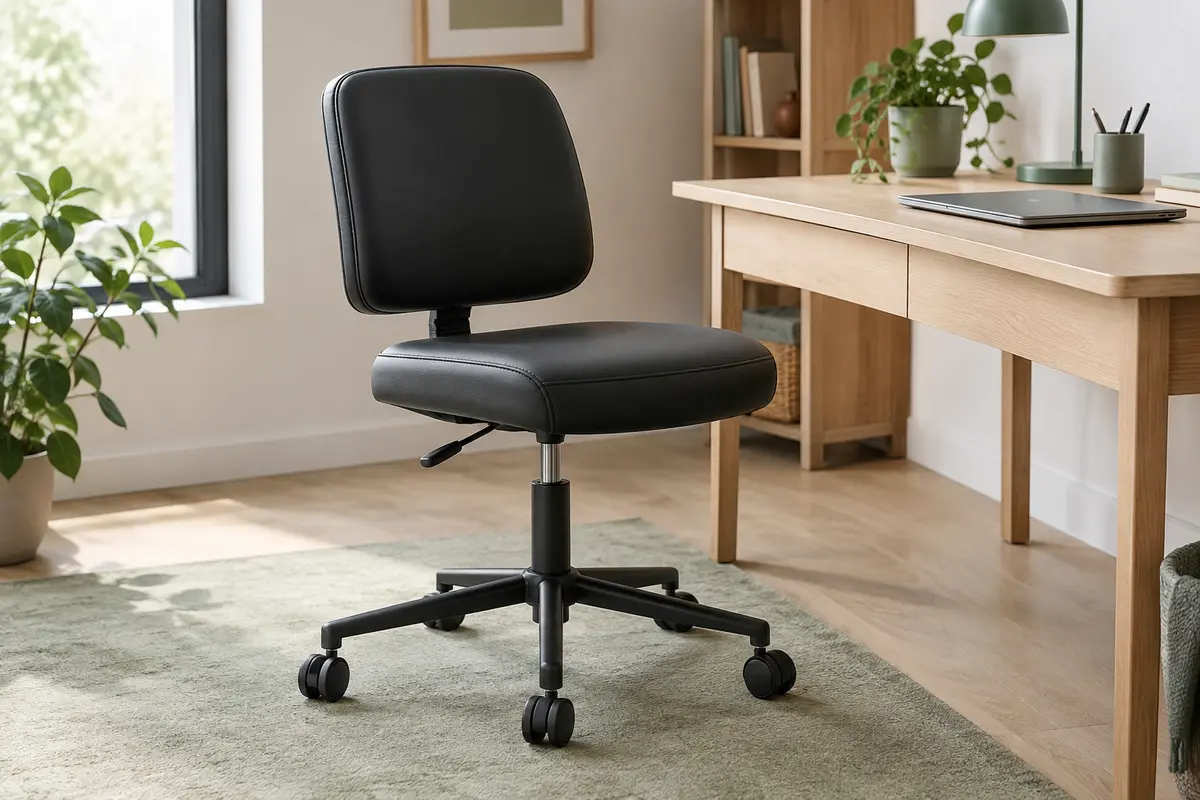 Tabouret de bureau noir avec dossier rembourré, réglage en hauteur et cinq roulettes doubles.