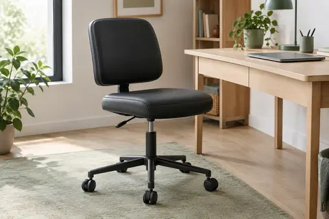 Tabouret de bureau noir avec dossier rembourré, réglage en hauteur et cinq roulettes doubles.