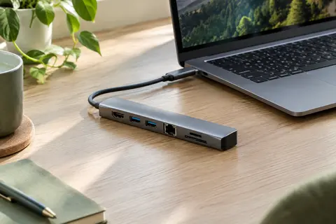 Station d’accueil USB-C en aluminium gris posée sur un bureau clair près d’un ordinateur portable.