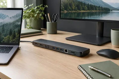 Station d’accueil USB-C compacte posée sur un bureau, avec ses ports vidéo, réseau et USB visibles.