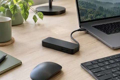 Station d’accueil USB-C noire posée sur un bureau en bois clair dans un espace de télétravail