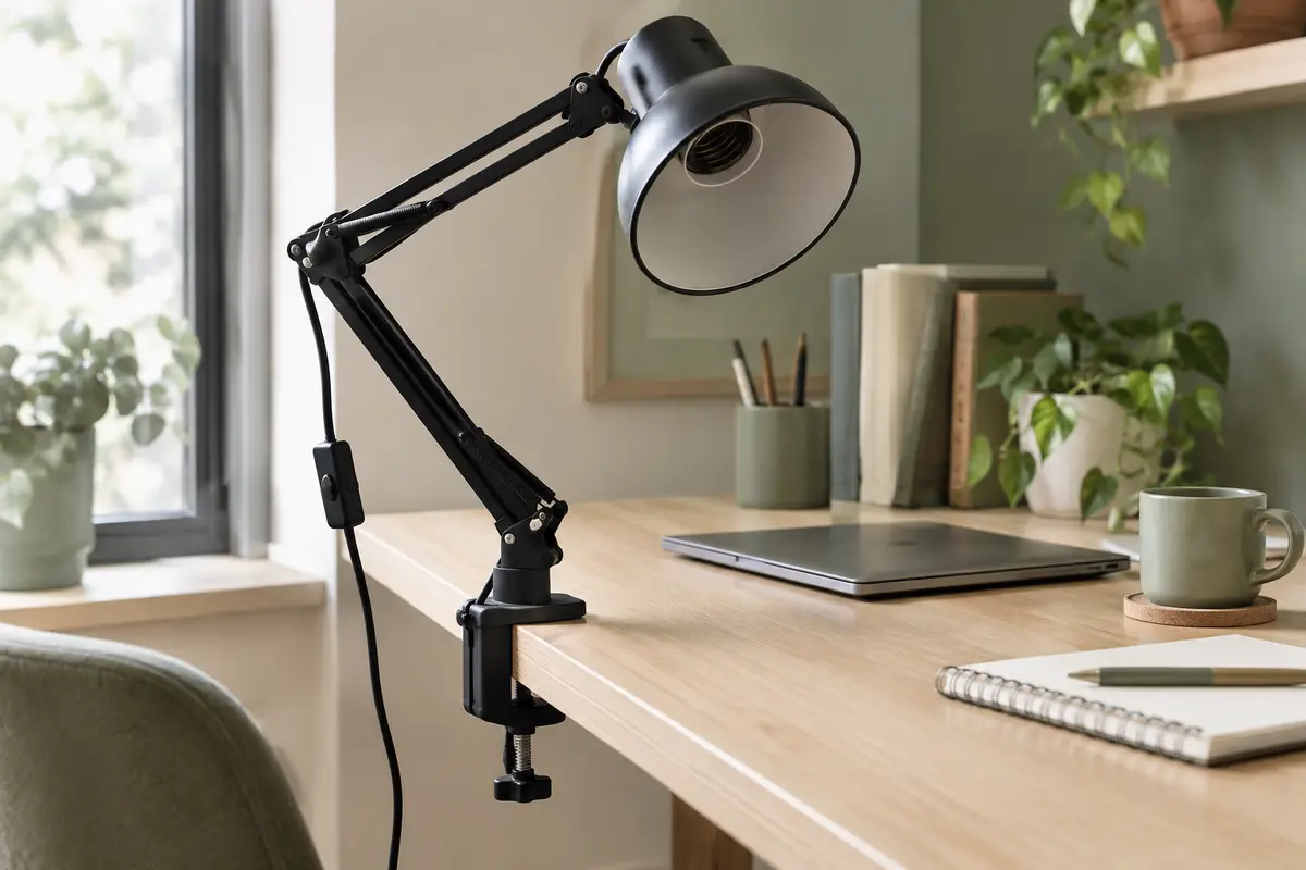 Lampe de bureau noire à pince, bras articulé et douille E27, fixée au bord d’un bureau en bois clair.