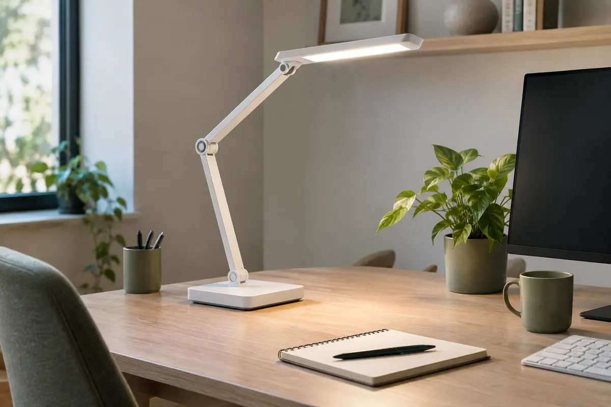 Lampe de bureau LED blanche à bras articulé éclairant un espace de travail en bois clair