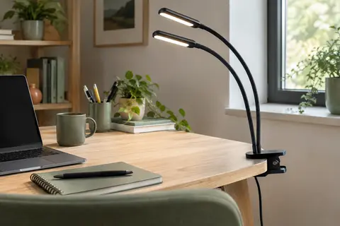 Lampe de bureau LED noire à double tête orientable, fixée par pince au bord d’un bureau en bois clair.