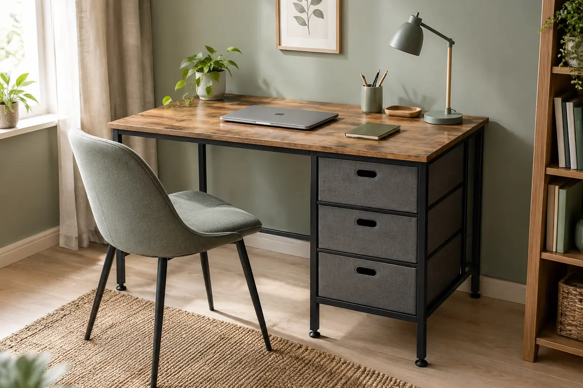 Bureau compact brun à structure métallique noire, avec trois tiroirs en tissu et rangement latéral.