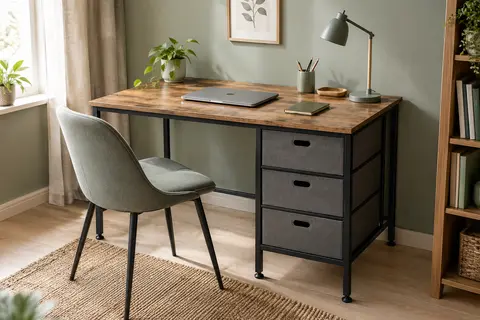 Bureau compact brun à structure métallique noire, avec trois tiroirs en tissu et rangement latéral.