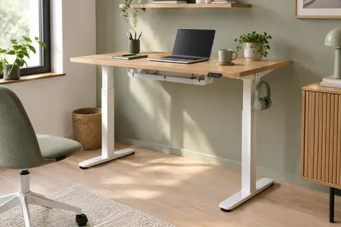 Bureau assis-debout MAIDeSITe à plateau aspect chêne, structure blanche et accessoires de rangement