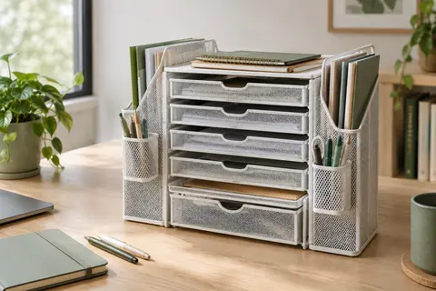 Organiseur de bureau blanc en métal avec compartiments coulissants, porte-magazines, porte-stylos et tiroir