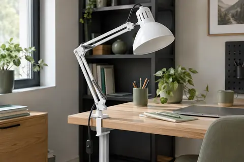 Lampe de bureau MAULstudy à pince en métal blanc, fixée au bord d’un bureau en bois clair