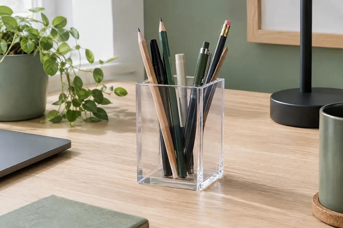 Pot à crayons compact en acrylique transparent posé sur un bureau en bois clair, avec stylos et crayons visibles