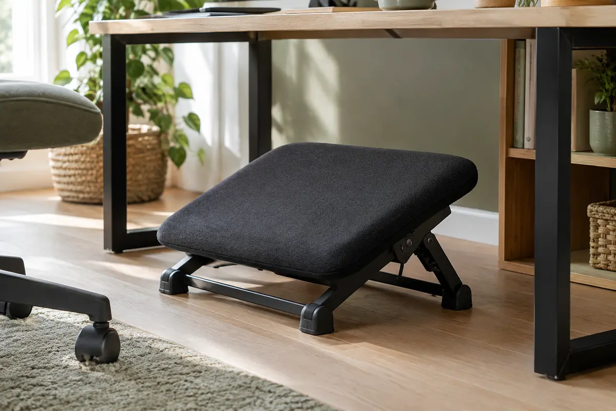 Repose-pieds inclinable à cadre métallique et plateforme textile installé sous un bureau en bois clair