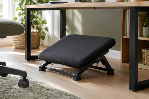 Repose-pieds inclinable à cadre métallique et plateforme textile installé sous un bureau en bois clair