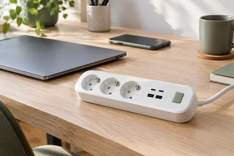Multiprise blanche à trois prises de terre et quatre ports USB, posée sur un bureau en bois clair.
