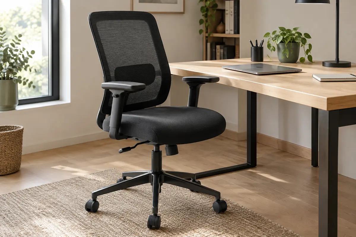 Chaise de bureau noire en maille avec accoudoirs relevables, installée devant un bureau en bois clair.