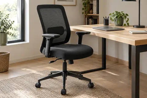 Chaise de bureau noire en maille avec accoudoirs relevables, installée devant un bureau en bois clair.