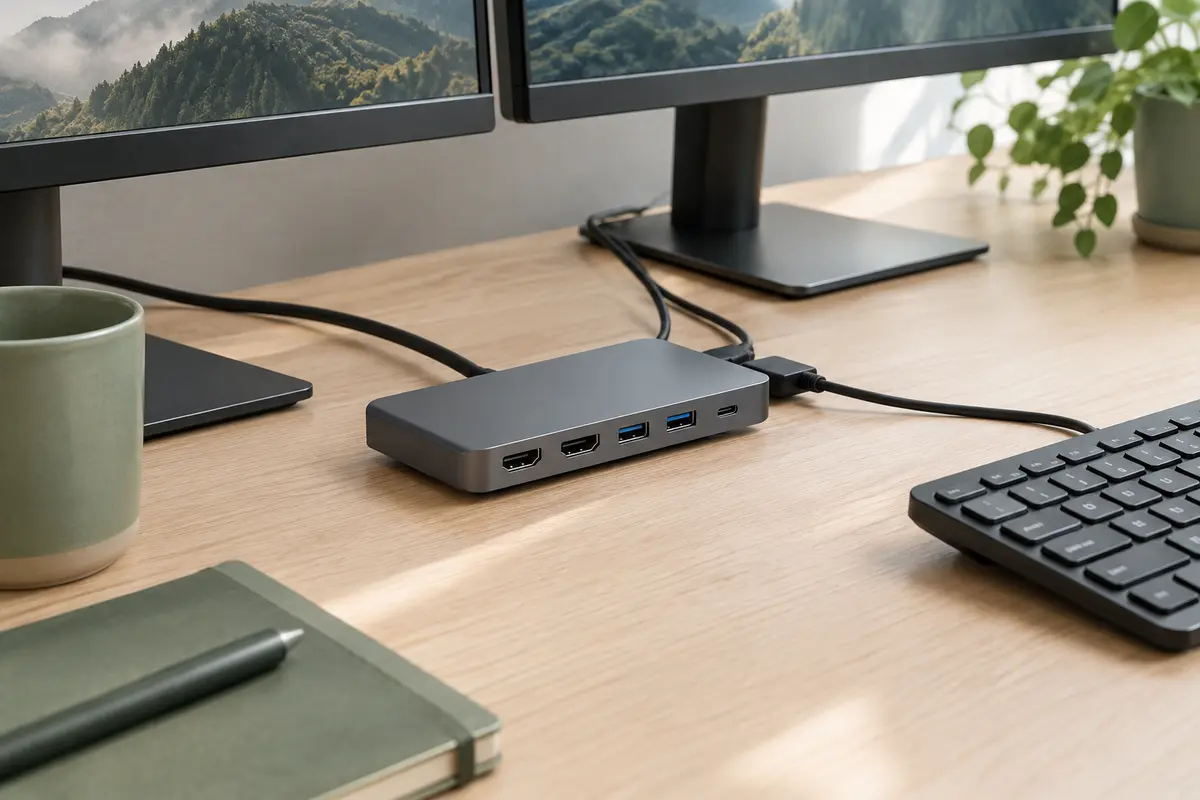 Station d’accueil USB-C grise MOKiN posée sur un bureau clair avec ses ports visibles