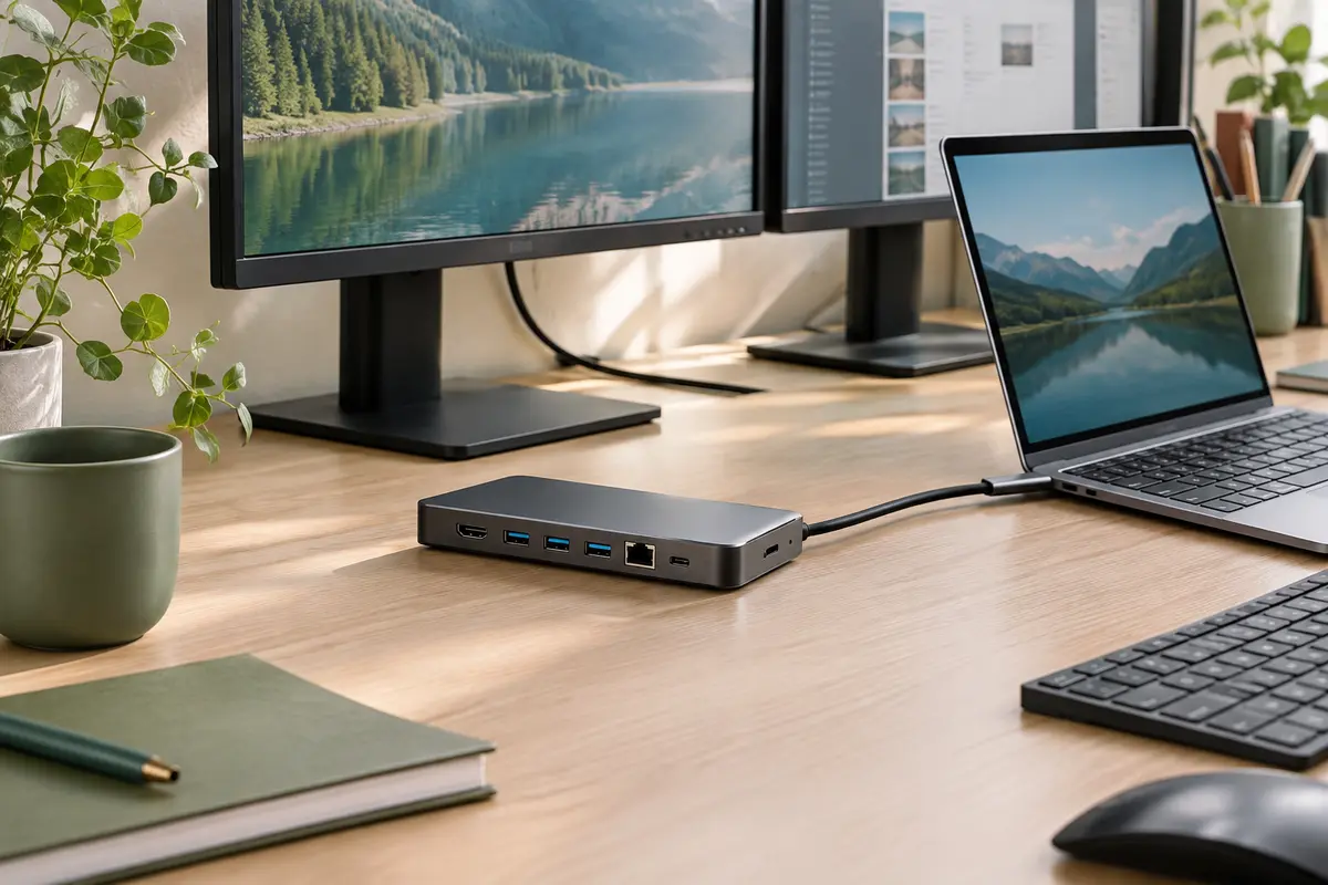 Station d’accueil USB-C en aluminium avec ports HDMI, USB et Ethernet sur un bureau de télétravail