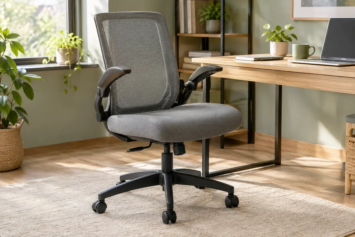Chaise de bureau grise en maille respirante avec accoudoirs relevés, près d’un bureau en bois clair.
