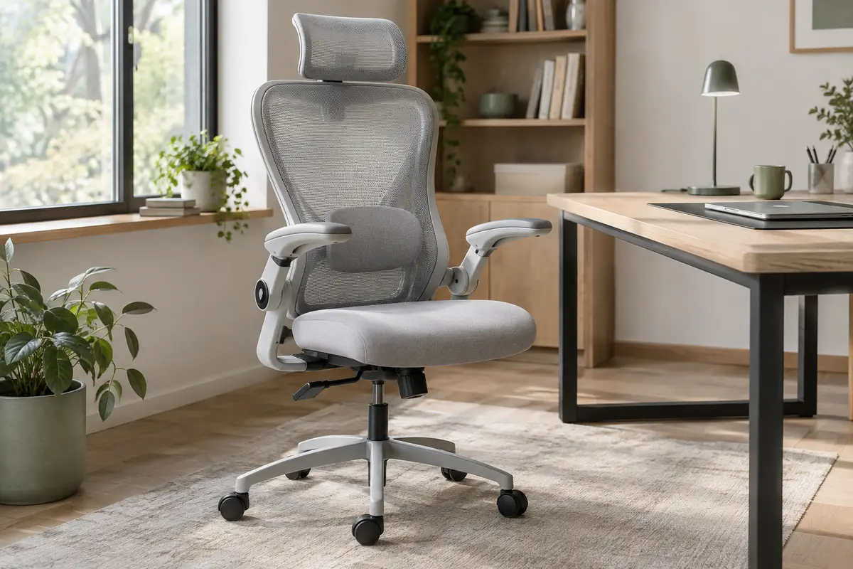 Chaise de bureau gris clair en maille avec appui-tête réglable et accoudoirs relevables près d’un bureau