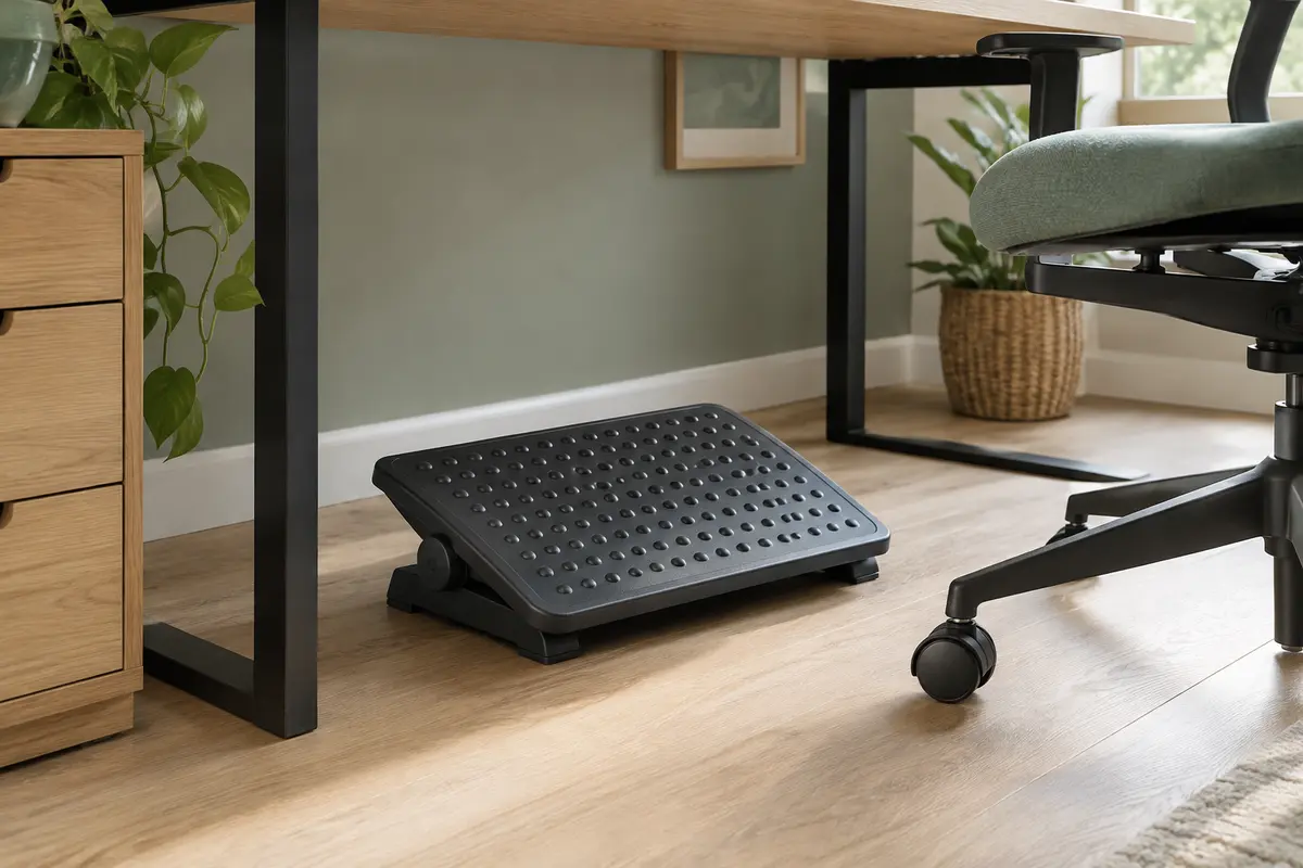 Repose-pieds de bureau noir à plateforme texturée, placé sous un bureau en bois clair