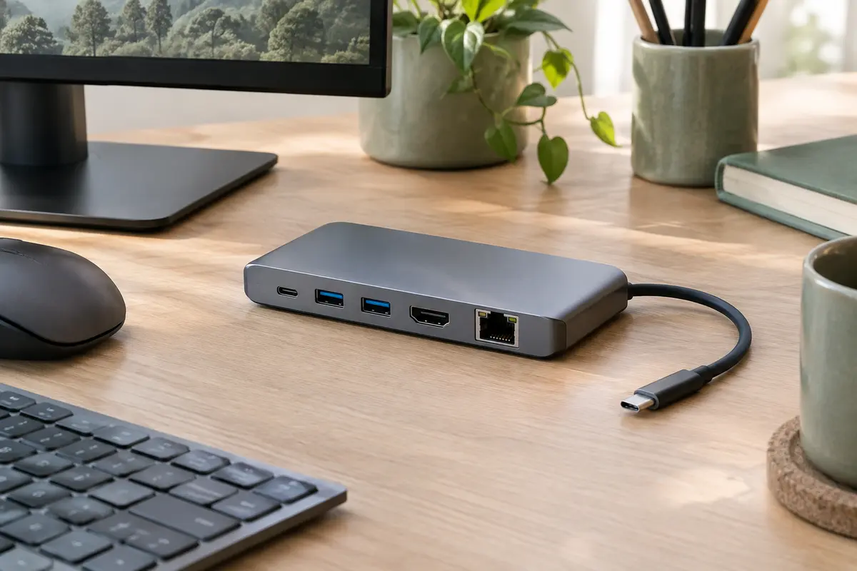 Hub USB-C multiport en aluminium gris posé sur un bureau clair près d’un écran.