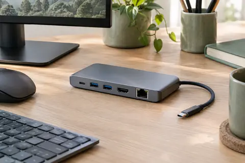 Hub USB-C multiport en aluminium gris posé sur un bureau clair près d’un écran.