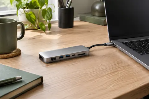 Station d’accueil USB-C argentée posée sur un bureau de télétravail en bois clair