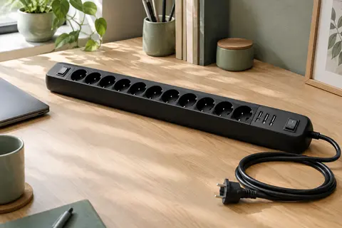 Multiprise noire Nveeshox avec dix prises secteur, quatre ports USB-A et deux interrupteurs sur un bureau