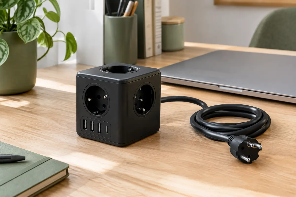 Multiprise cube noire avec cinq prises françaises, ports USB et câble posée sur un bureau en bois clair.