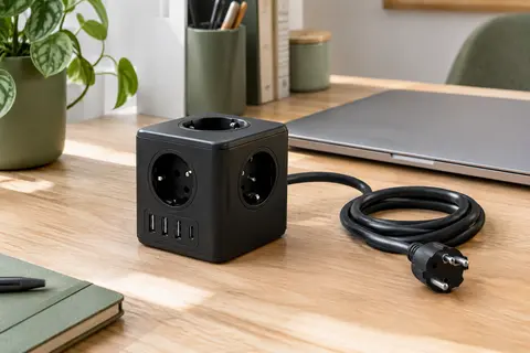 Multiprise cube noire avec cinq prises françaises, ports USB et câble posée sur un bureau en bois clair.