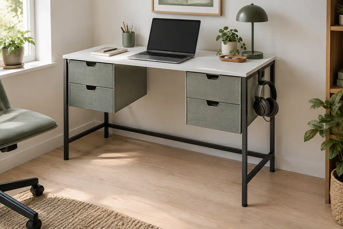 Bureau blanc compact avec quatre tiroirs en tissu et crochet pour casque dans un espace de télétravail