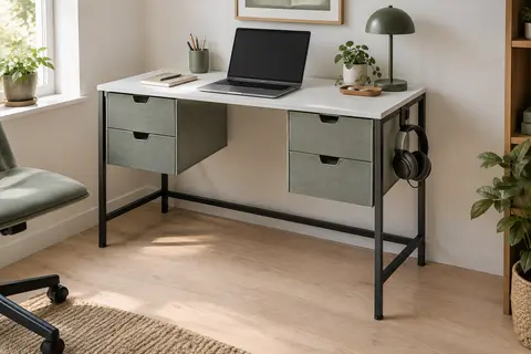 Bureau blanc compact avec quatre tiroirs en tissu et crochet pour casque dans un espace de télétravail