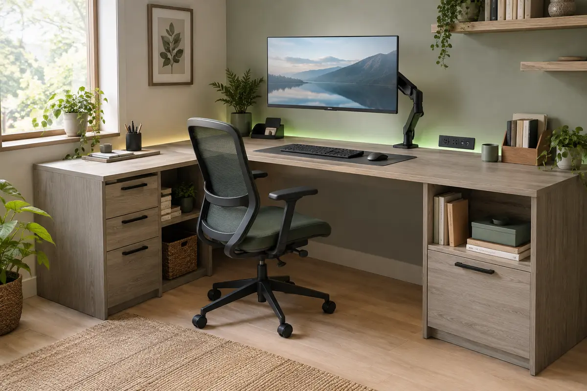 Bureau d’angle ODK avec tiroirs, étagères, support écran réglable et éclairage LED RGB