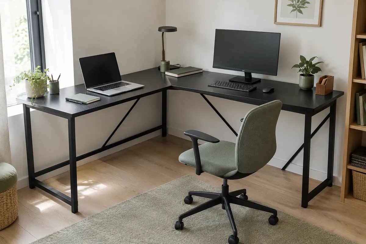 Bureau d’angle ODK en L avec plateau noir effet fibre de carbone et cadre en acier